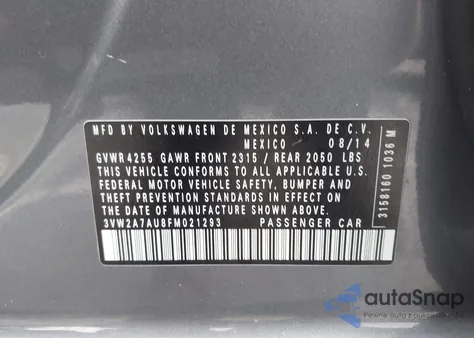 2015 Volkswagen Golf Tdi S 4-Door z USA, uszkodzony, nr VIN 3VW2A7AU8FM021293